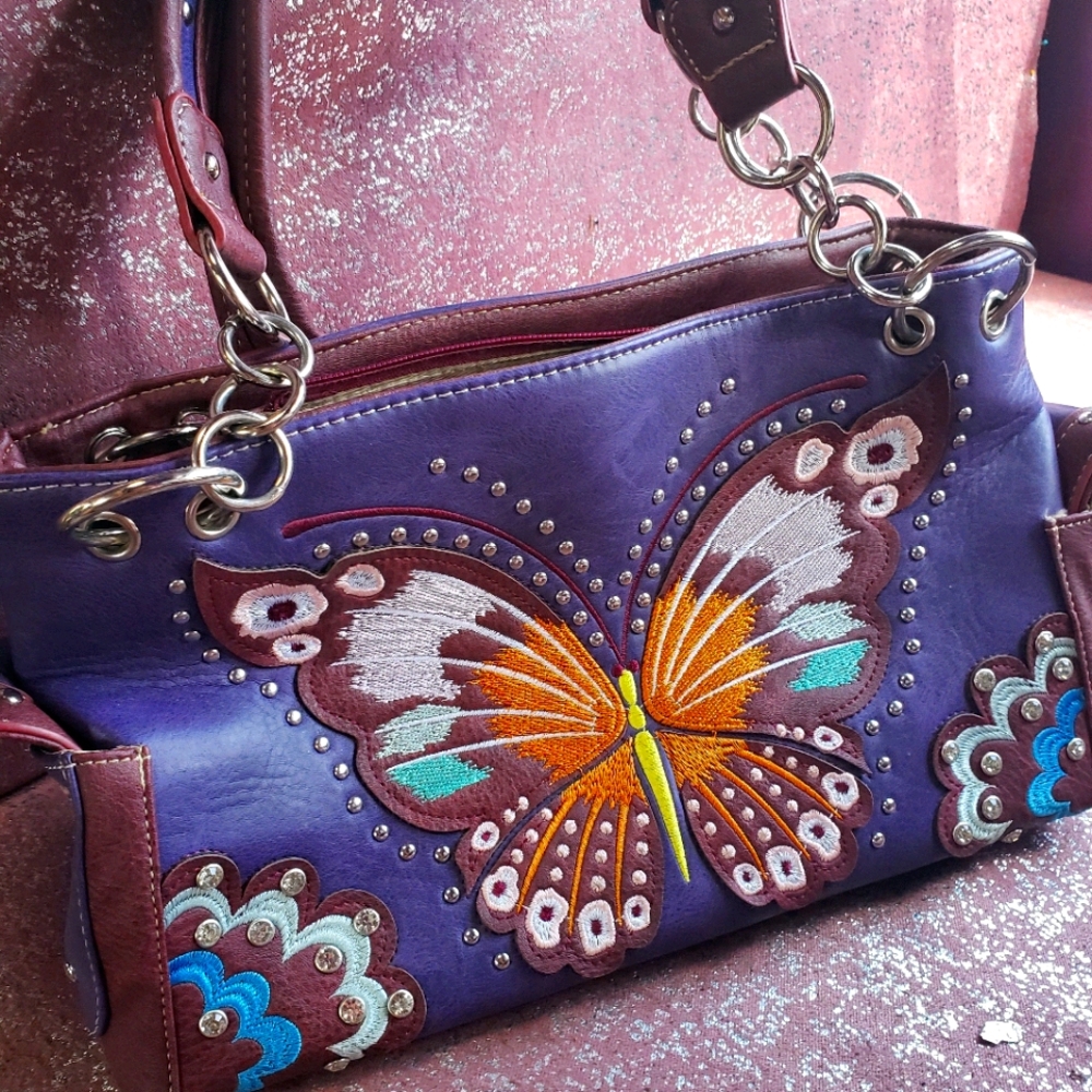 Purple Leather Handbag with Butterfly